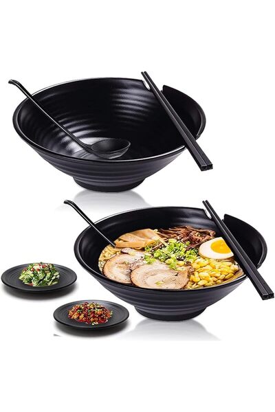 GENERAL Unbreakable Ramen Bowl Set of 2, 8Pcs 37oz Black Large Ramen Bowls an...