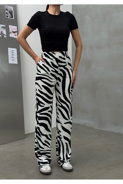 La Querta Zebra Pattern Velcro Palazzo High Waist Adjustable Waist Wide Leg Pants