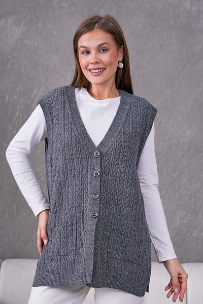FLEX FASHION Women's Knitwear Knitted Patterned Mother Vest with Pockets and Slits