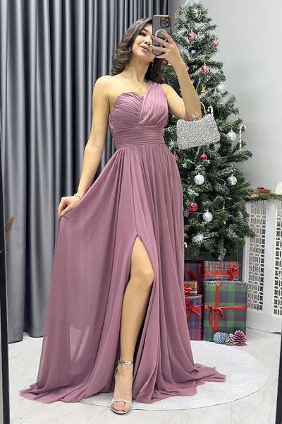 thezkscom Rochie de seară evazată plisată cu un singur umăr pentru femei, bleumarin, negru, roșu, verde smarald, uscat trandafir