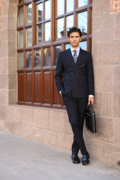 AEK FIORE Erkek Lacivert İçi Silik Mavi Çizgili Kruvaze Takım Elbise