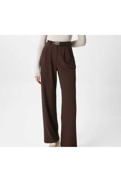 NEVEGE BUTİK Women's Licra Belt Comfortable Cut Palazzo Pants-Brown