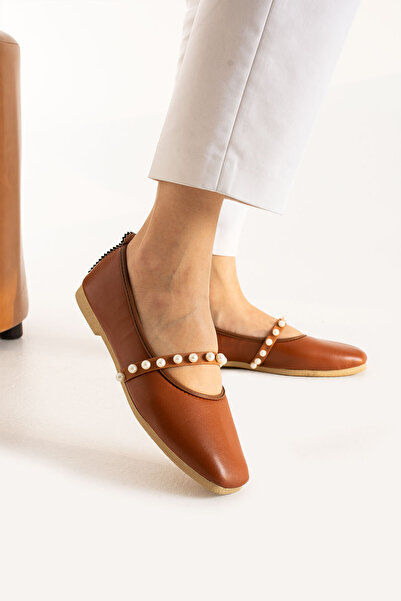 Moda Devrin Women's Tan Skin Pearl Ballerina Home and Outdoor Shoes