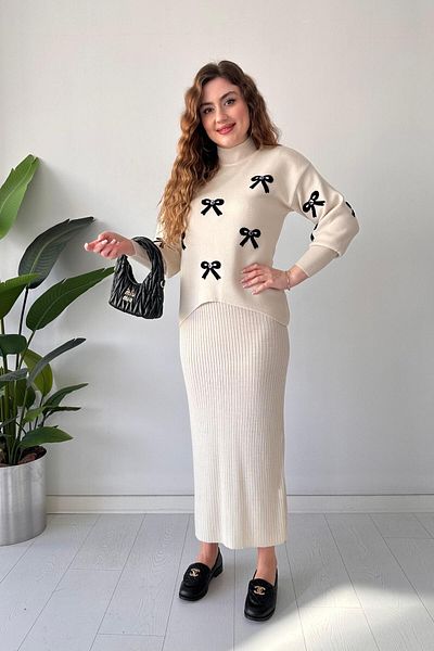 MaziButik Ecru Black Double Set - Bow Detail
