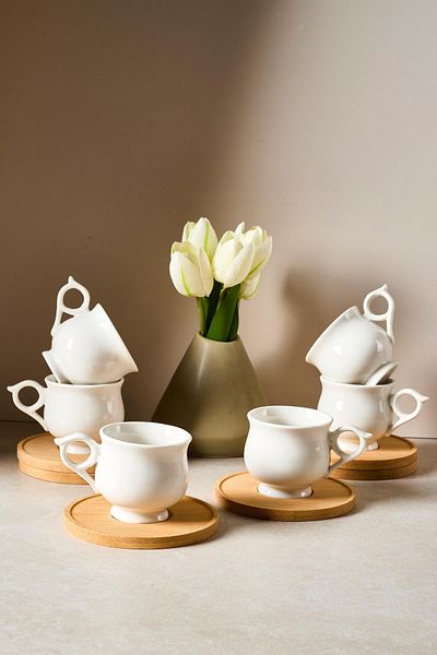Perotti Muna 6-Pack Porcelain Coffee Cup with Bamboo Plate - 90 ml