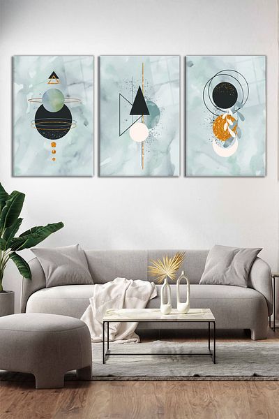 Vosevu Desene geometrice detaliate aurii Set de pictură din sticlă din 3 piese, decor modern pentru casă, decorare de perete cadou