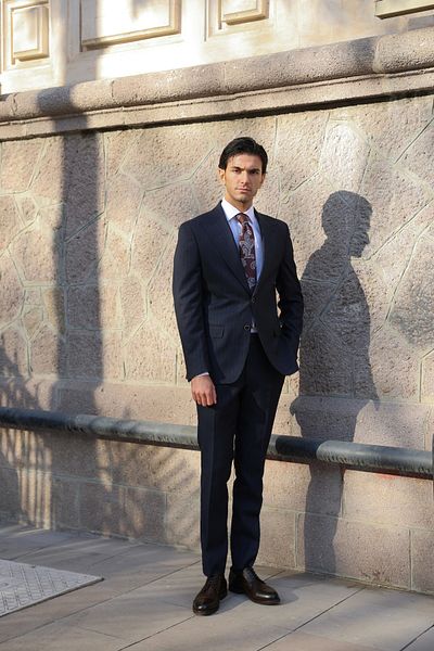 AEK FIORE Men's Navy Blue Brown Striped Suit