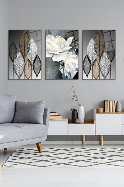 Vosevu Soyut Çiçekli Siyah Gri 3'lü Cam Tablo Seti, Modern Ev ve Ofis Dekoru, Hediyelik Duvar Dekorasyonu