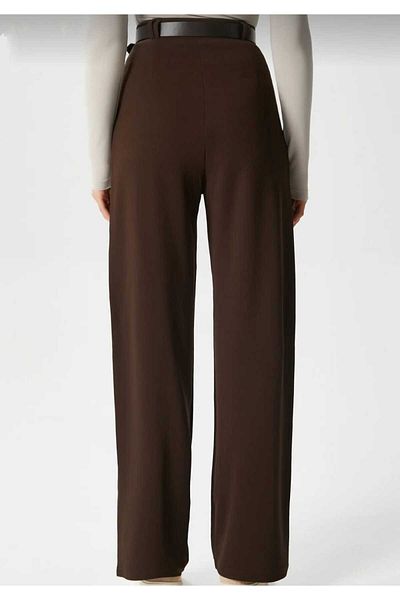 NEVEGE BUTİK Women's Licra Belt Comfortable Cut Palazzo Pants-Brown
