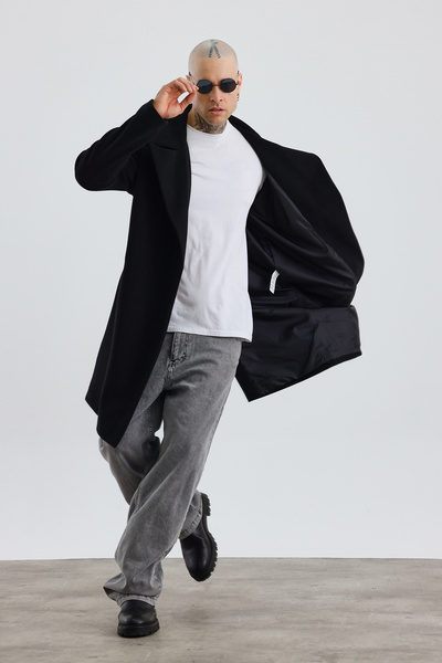 Weyeze Black Long Oversize Cashew Coat - Relaxed Fit