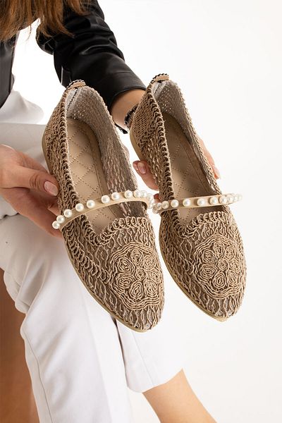 Moda Devrin Pantofi de balet din nurcă împletită cu perle pentru acasă și în aer liber