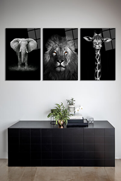 Vosevu Aslan, Zürafa ve Fil 3'lü Cam Tablo Seti, Modern Ev ve Ofis Dekoru, Hediyelik Duvar Dekorasyonu