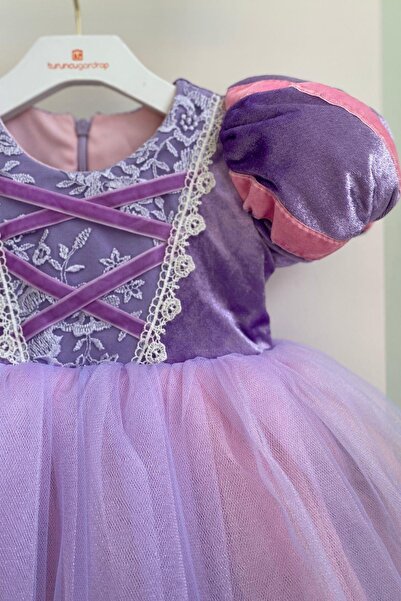 Turuncu Gardrop Rapunzel Kız Çocuk Kostüm Kadife Kollu Lila Hotcouture