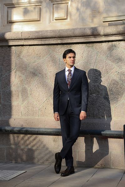 AEK FIORE Men's Navy Blue Brown Striped Suit