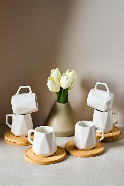 Perotti Muna Bambu Tabaklı 6'lı Porselen Kahve Fincanı - 90 ml