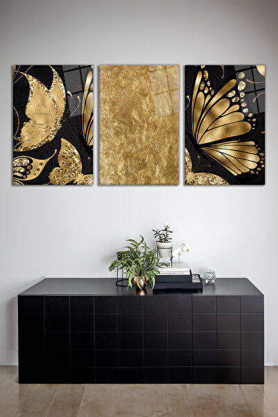 Vosevu Gold Detaylı Kelebekler 3'lü Cam Tablo Seti, Modern Ev ve Ofis Dekoru, Hediyelik Duvar Dekorasyonu