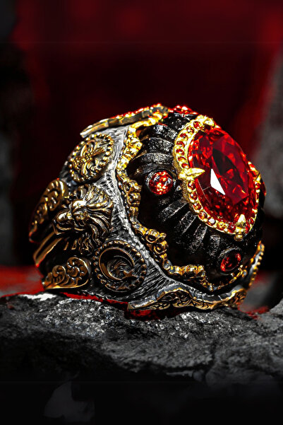 Diriliş Takı Gold Detaylı Kırmızı Zirkon Taşlı Gümüş Yüzük