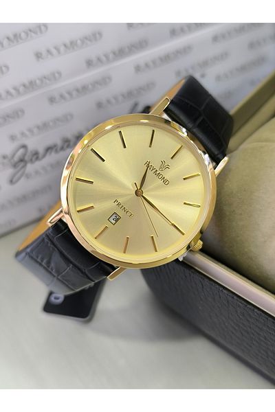 Raymond Black/Gold Classic Leather Men's Wrist Watch