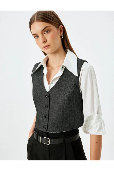 Koton Buttoned V-Neck Crop Vest