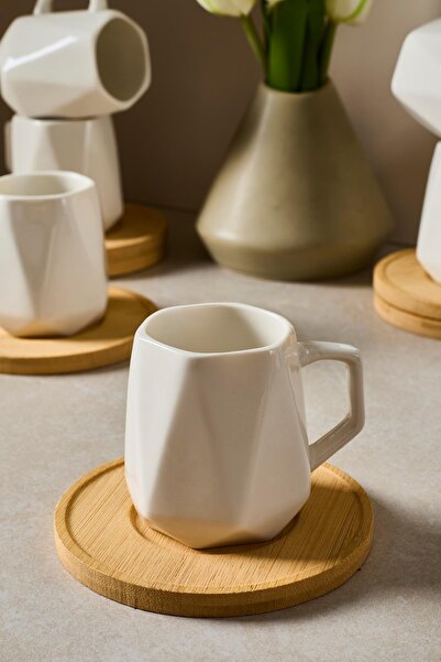 Perotti Muna Bambu Tabaklı 6'lı Porselen Kahve Fincanı - 90 ml