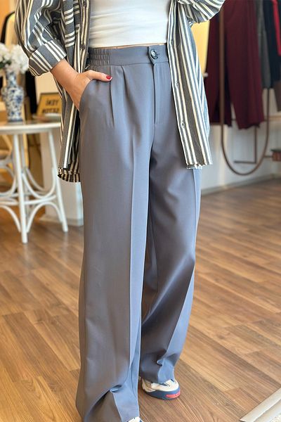 Unique Boutique Gray Anti-Wrinkle Fabric Palazzo Trousers with Elastic Waist