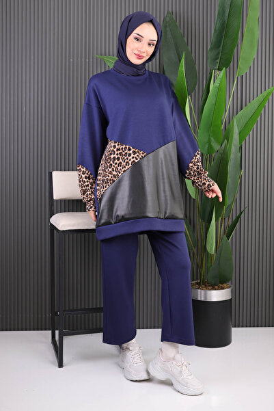 İmajButik Navy Blue Leather Garnished Modal Tunic Pants Suit