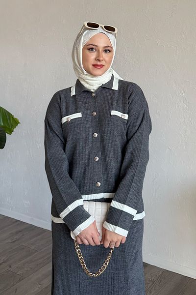 InStyle Πλεκτό κοστούμι ανθρακί με ριγέ ζακέτα