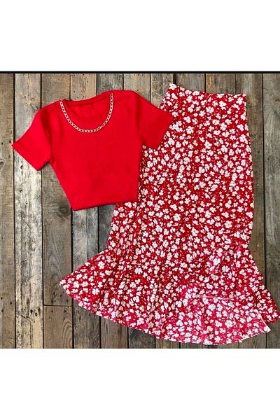 Tuğba Ceylin Butik Women's Summer Crepe Fabric Floral Skirt