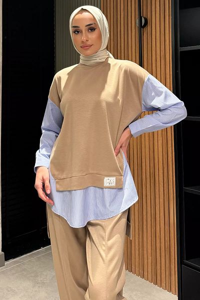julude Μπεζ πουκάμισο Garnished Sweat Παντελόνι Hijab Διπλό Σετ