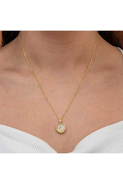 Skygo Silver Gold Mother of Pearl Stone Moon Star Crescent Women's Necklace