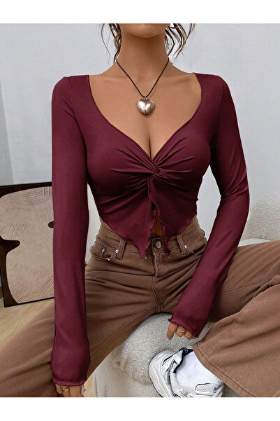 ecemore Bluză crop burgundă cu mânecă lungă răsucită în față
