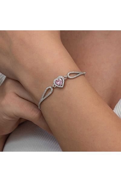 Skygo Silver Pink Zircon Stone Heart Bracelet