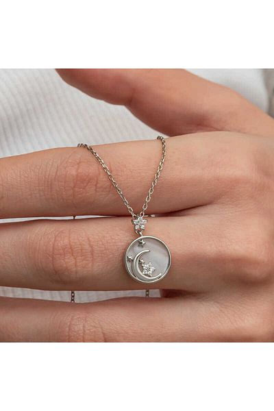 Skygo Silver Mother of Pearl Stone Moon Star Crescent Women's Necklace