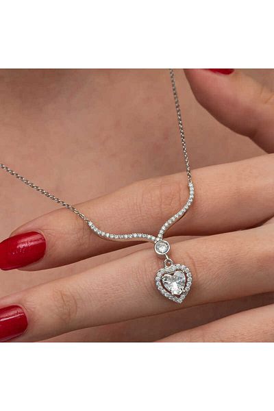 Skygo Silver White Zircon Stone Heart Women Necklace
