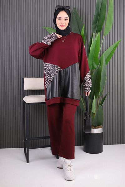 İmajButik Σετ παντελόνι με δερμάτινο γκρι μπορντό γαρνιρισμένο Modal Tunic