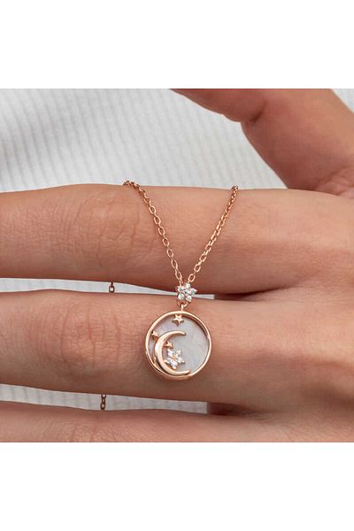 Skygo Silver Rose Mother of Pearl Stone Moon Star Crescent Women's Necklace