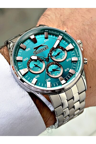 Slazenger Fonksiyonlu Gümüş-Turkuaz Renk Çelik Kordon Erkek Kol Saati 2231.06