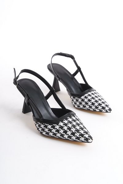 Shoesers Women's Special Design Checkered Straw Design Pointed Toe Ankle Strap Heeled Shoes