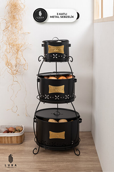 Lura Metal 3 Katlı siyah Plakalı Metal Patates ve Soğan Saklama Kabı Sebzelik...