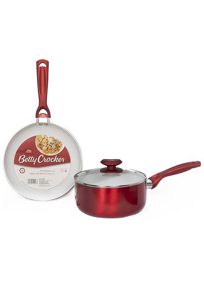 BETTY CROCKER Non-Stick Set Of Frying Pan 24Cm & Sauce Pan 20Cm Red
