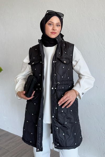 InStyle Drawstring Quilted Black Vest with Pocket Detail