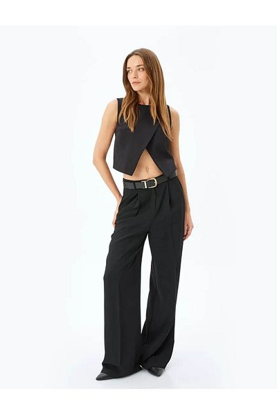 Koton Round Neck Crop Asymmetrical Double Breasted Black Women's Vest 5Sak20002Uw