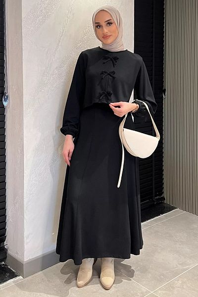 julude Μαύρη κορδέλα Λεπτομερής Φούστα Μπλούζα Hijab Διπλό Σετ