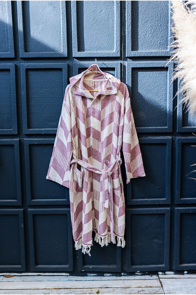 Kikoya Herringbone Cherry Raised Terry Peshtemal Fabric Bathrobe - 100% Cotton, 285 Gsm, Light and Soft