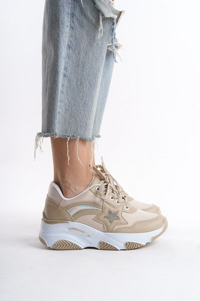 Moda Değirmeni Pantofi sport de damă bej cu talpă înaltă - cu detalii stea și oglindă BG1154-101-0005