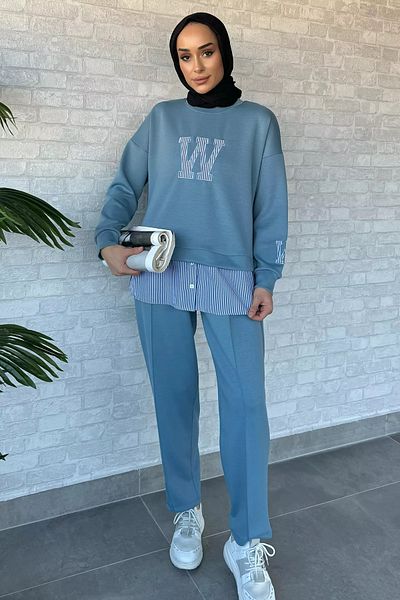 julude Cămașă Hijab pentru femei albastru deschis, pantaloni de sport brodați, set din două piese