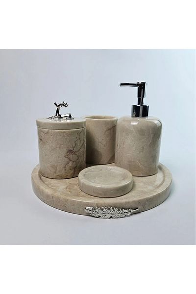 ege gross Decorative Natural Beige Marbroom Accessory 5 Pieces Marbroom Bathroom Set / Marbroom Bathroom Set