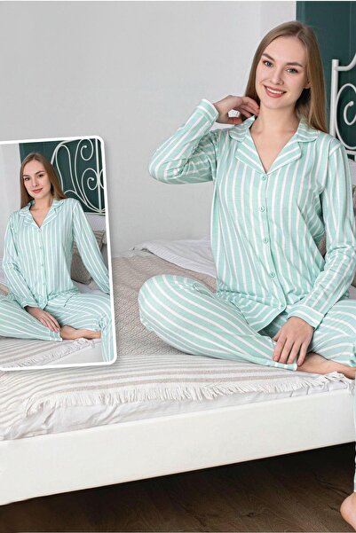 Hipo Trend Model Prugasto sa košuljom, set pidžama u mint boji