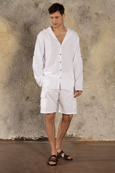 Sosyete Kaplumbağa Cotton Linen Hooded Long Sleeve Men's Shirt