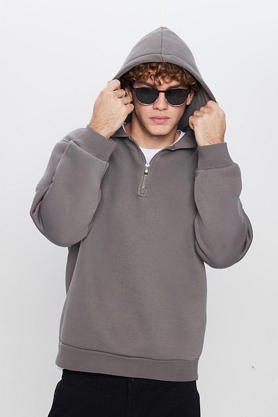 Tudors Φούτερ Unisex Relax Fit Relaxed Cut Cotton Fleece με μισό φερμουάρ γκρι κουκούλα